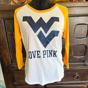 PINK Victoria's Secret White and Yellow Raglan Sleeve Tee